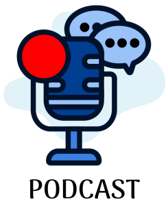 Podcast, een microfoon met een rode opname button links boven er schuin eroverheen en rechts twee spraak ballonnen.